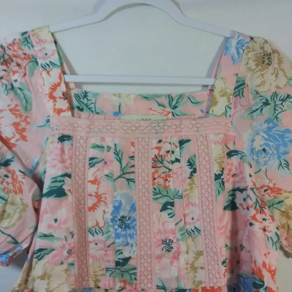 Loft Garden Lacy Tiered Square Neck Top Angel Pink Size Small